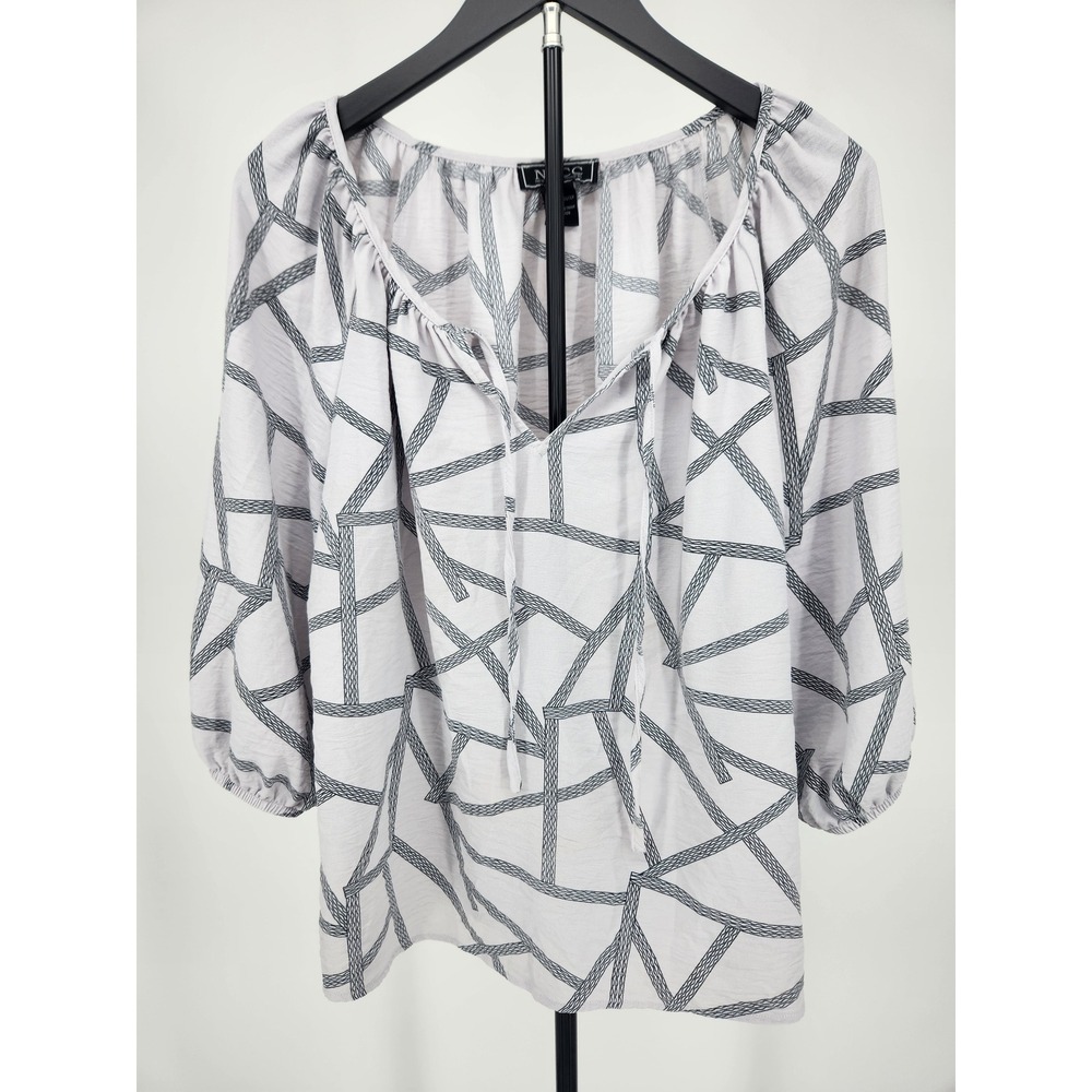NYCC New York Clothing Co Womens Large Geometric Print Peasant Blouse Lavender